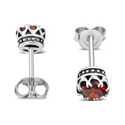 Vintage Royal Crown Celtic Garnet CZ Sterling Silver Stud Earrings - e455